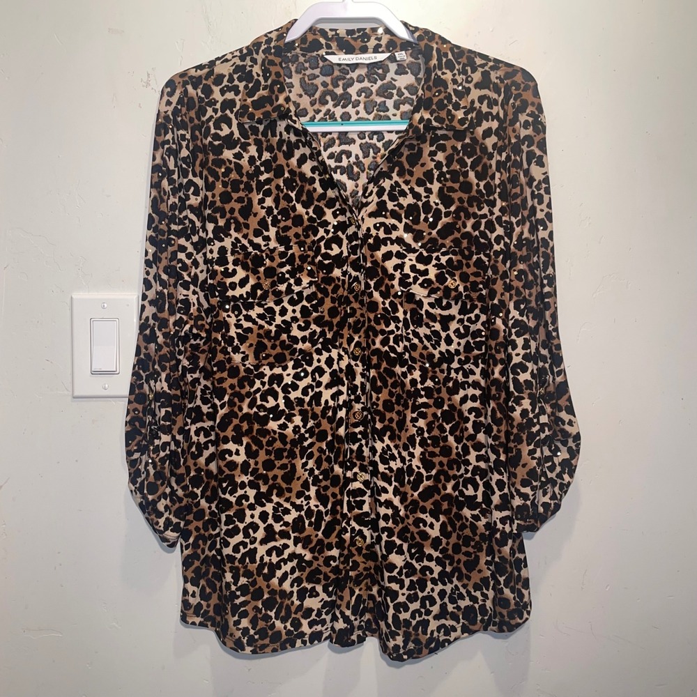 Mob Wife Emily Daniels Leopard Print Studded Button Down Shirt XXL Women Stretch